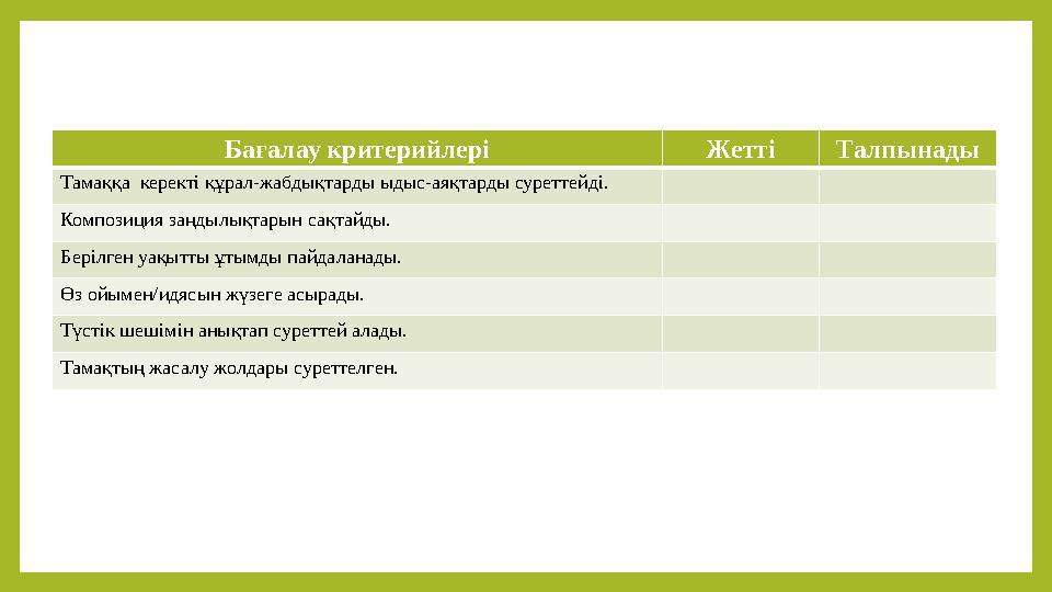 Бағалау критерийлері Жетті Талпынады Тамаққа керекті құрал-жабдықтарды ыдыс-аяқтарды суреттейді. Композиция заңдылықтарын сақта