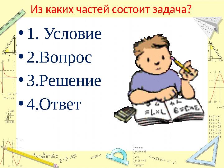 Из каких частей состоит задача? • 1. Условие • 2.Вопрос • 3.Решение • 4.Ответ