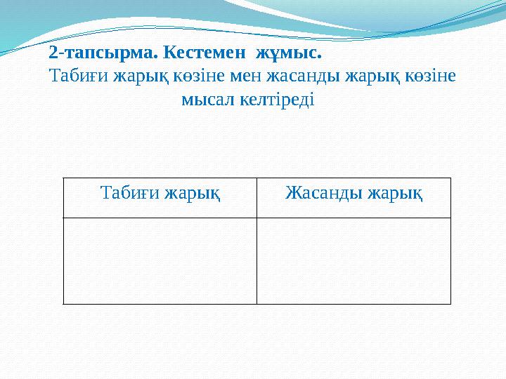 2-тапсырма. Кестемен жұмыс. Табиғи жарық көзіне мен жасанды жарық көзіне мысал келтіреді Табиғи жарық Жасанды жарық