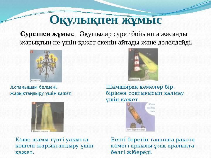 Оқулықпен жұмыс Суретпен жұмыс . Оқушылар сурет бойынша жасанды жарықтың не үшін қажет екенін айтады және дәлелдейді. Шамшырақ
