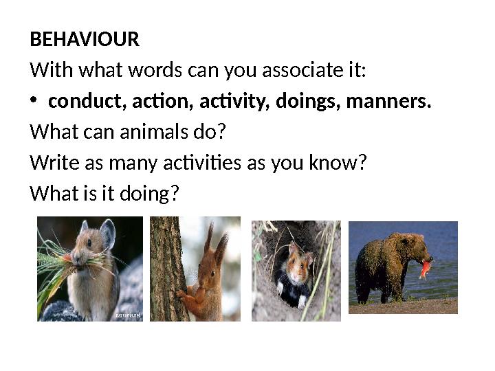 BEHAVIOUR With what words can you associate it: • conduct, action, activity, doings, manners. What can animals do? Write as man