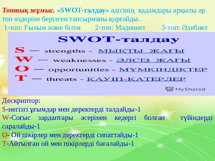 Топтық жұмыс. «SWOT-талдау» әдісінің қадамдары арқылы әр топ өздеріне берілген тапсырманы қорғайды. 1-топ: Ғылым және бі