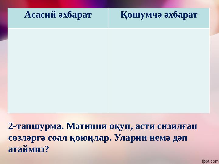 2-тапшурма. Мәтинни оқуп, асти сизилған сөзләргә соал қоюңлар. Уларни немә дәп атаймиз? Асасий әхбарат Қошумчә әхбарат