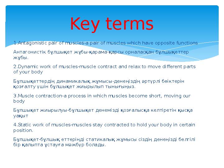 1.А ntagonistic pair of muscles-a pair of muscles which have opposite functions Антагонистік бұлшықет жұбы-қарама-қарсы орналас