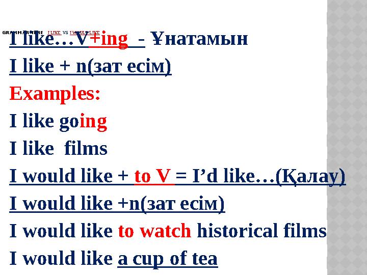 GRAMMAR TIME I LIKE VS I WOULD LIKE I like…V +ing - Ұнатамын I like + n( зат есім ) Examples: I like go ing I lik