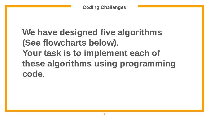 Coding Challenges 8We have designed five algorithms (See flowcharts below). Your task is to implement each of these algorithm