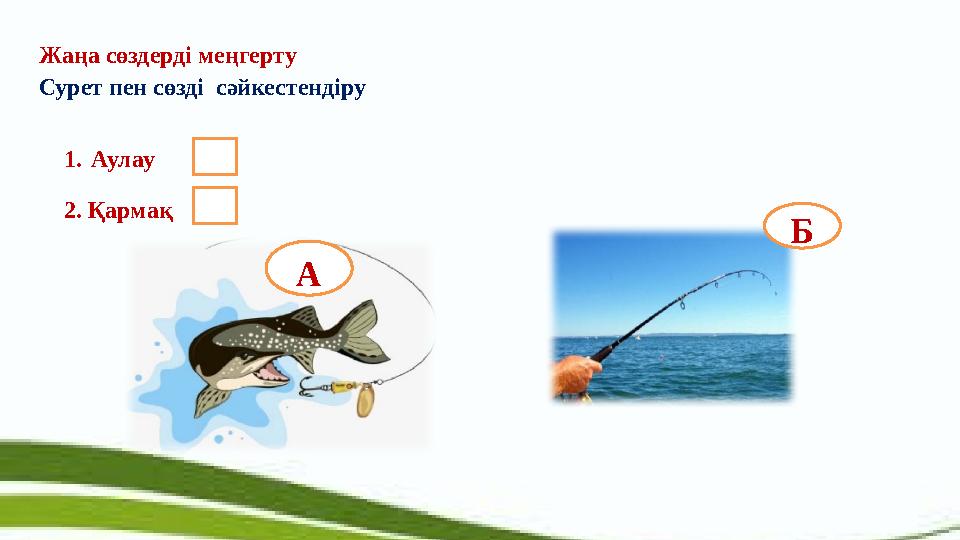 Жаңа сөздерді меңгерту Сурет пен сөзді сәйкестендіру 1. Аулау 2. Қармақ А Б