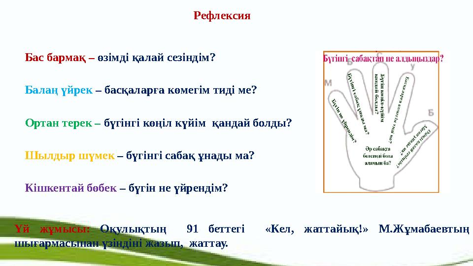 Рефлексия Бас бармақ – өзімді қалай сезіндім? Балаң үйрек – басқаларға көмегім тиді ме? Ортан терек – бүгінгі көңіл күйім қа