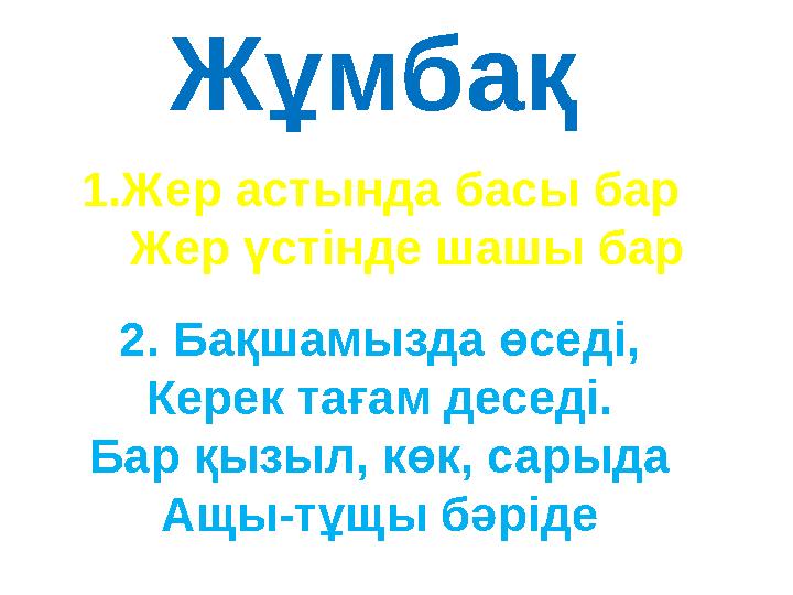 Жұмбақ 1.Жер астында басы бар Жер үстінде шашы бар 2. Бақшамызда өседі, Керек тағам деседі. Бар қызыл, көк, сарыда Ащы-тұ