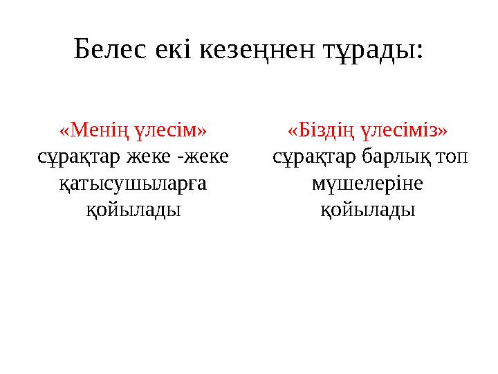 Белес екі кезеңнен тұрады: «Менің үлесім» сұрақтар жеке -жеке қатысушыларға қойылады «Біздің үлесіміз» сұрақтар барлық топ