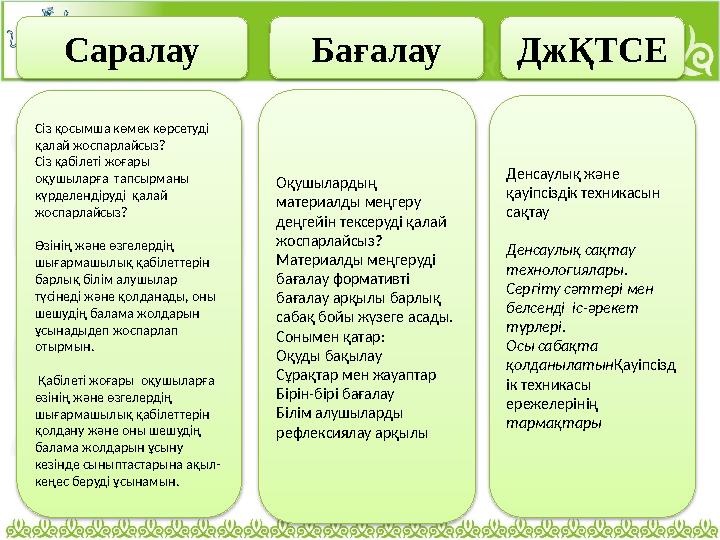 Саралау Бағалау ДжҚТСЕ Сіз қосымша көмек көрсетуді қалай жоспарлайсыз? Сіз қабілеті жоғары оқушыларға тапсырманы күрделенді