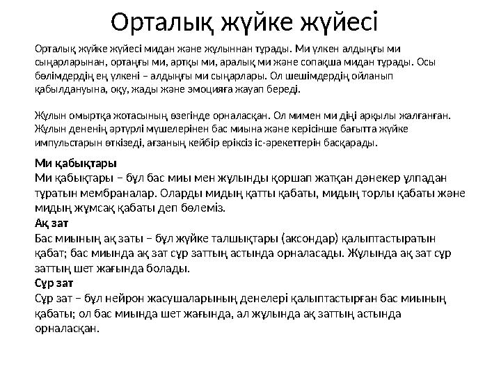 Орталық жүйке жүйесі Орталық жүйке жүйесі мидан және жұлыннан тұрады. Ми үлкен алдыңғы ми сыңарларынан, ортаңғы ми, артқы ми,