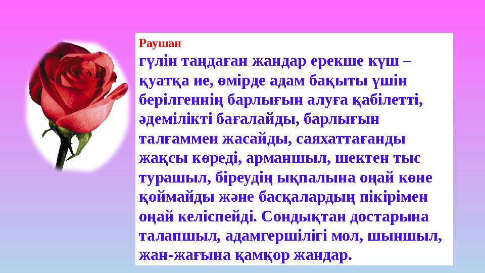 Раушан гүлін таңдаған жандар ерекше күш – қуатқа ие, өмірде адам бақыты үшін берілгеннің барлығын алуға қабілетті, әдемілік