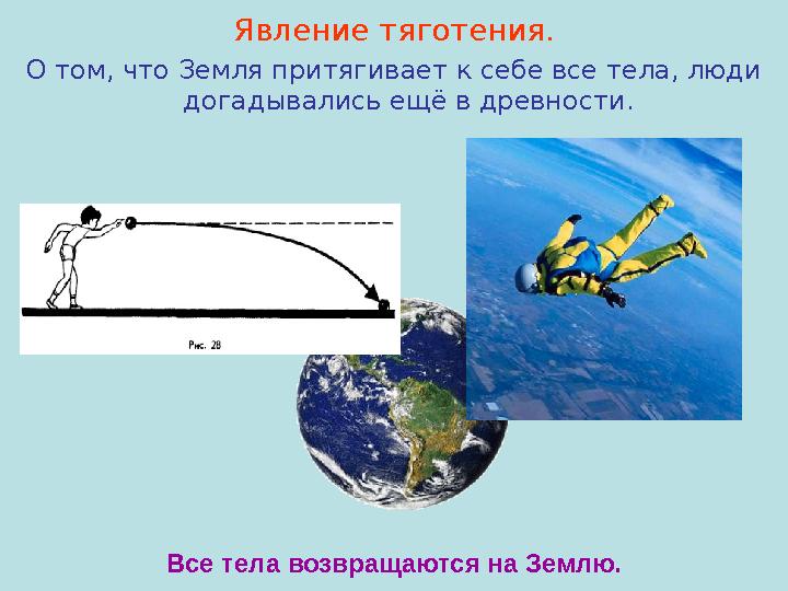 Все тела возвращаются на Землю. Явление тяготения. О том, что Земля притягивает к себе все тела, люди догадывались ещё в древно