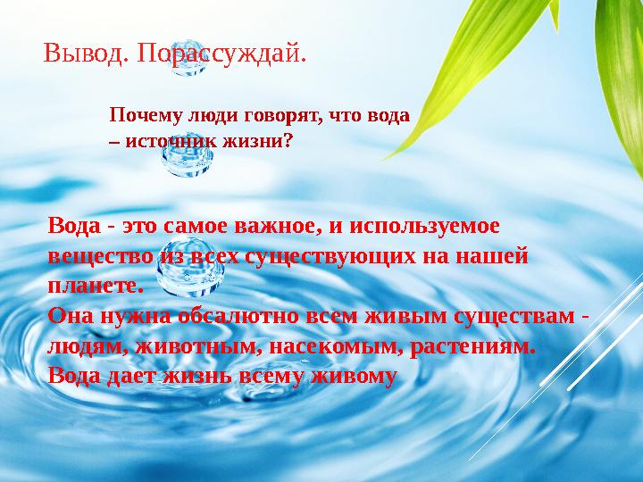 Почему люди говорят, что вода – источник жизни? Вода - это самое важное, и используемое вещество из всех существующих на нашей