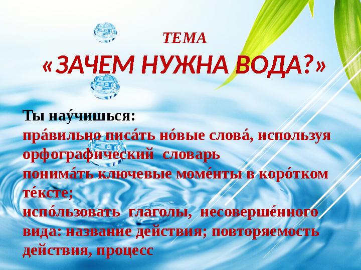 ТЕМА «ЗАЧЕМ НУЖНА ВОДА?» Ты наýчишься: прáвильно писáть нóвые словá , используя орфографический словарь понимáть ключевые момé