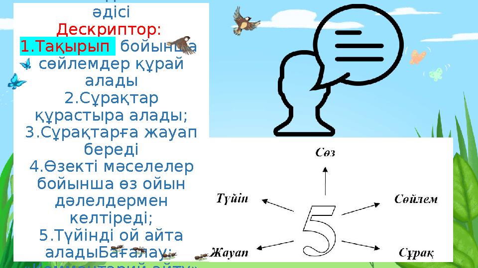 Ұжымдық жұмыс «Бестік диктант» әдісі Дескриптор: 1. Тақырып бойынша сөйлемдер құрай алады 2.С ұрақ тар құрастыра ала