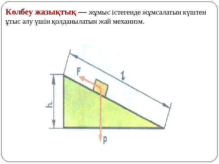 Көлбеу жазықтық — жұмыс істегенде жұмсалатын күштен ұтыс алу үшін қолданылатын жай механизм.