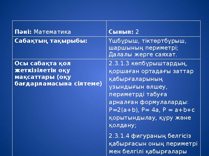 Пәні: Математика Сынып: 2 Сабақтың тақырыбы: Үшбұрыш, тіктөртбұрыш, шаршының периметрі; Далалы жерге саяхат. Осы сабақта қол