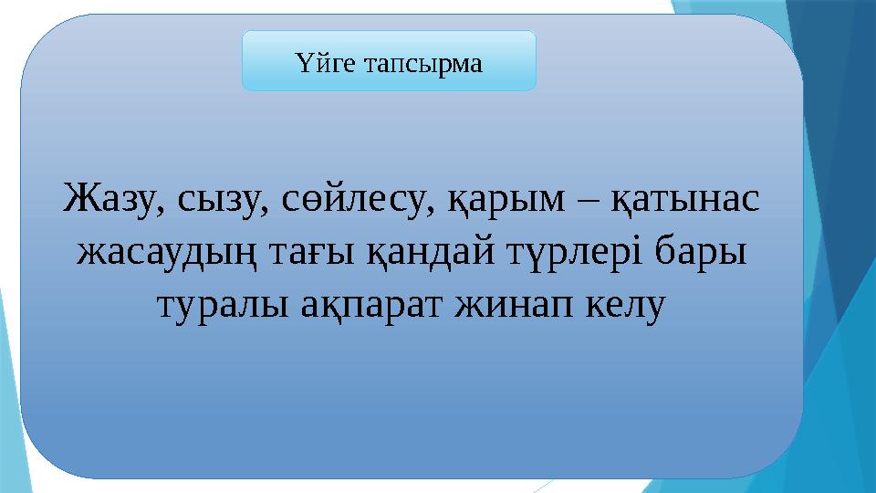 Жазу, сызу, сөйлесу, қарым – қатынас жасаудың тағы қандай түрлері бары туралы ақпарат жинап келу Үйге тапсырма