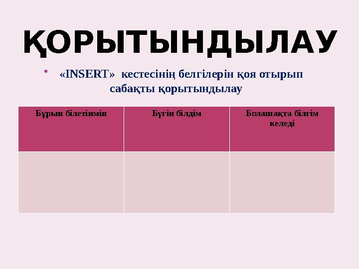 ҚОРЫТЫНДЫЛАУ  «INSERT» кестесінің белгілерін қоя отырып сабақты қорытындылау    Бұрын