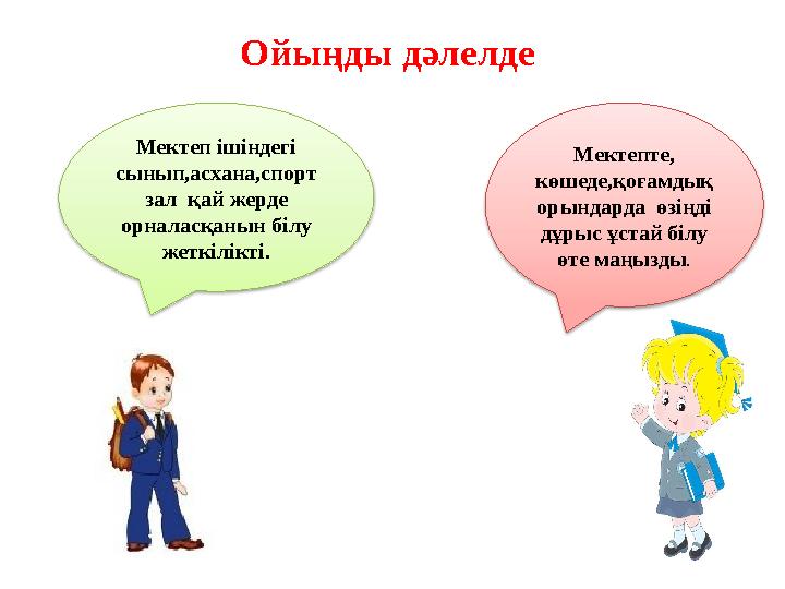 Ойыңды дәлелде Мектеп ішіндегі сынып,асхана,спорт зал қай жерде орналасқанын білу жеткілікті. Мектепте, көшеде,қоғамдық