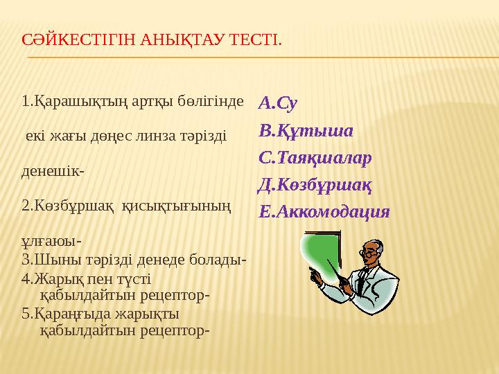 СӘЙКЕСТІГІН АНЫҚТАУ ТЕСТІ. А.Су В.Құтыша С.Таяқшалар Д.Көзбұршақ Е.Аккомодация1.Қарашықтың артқы бөлігінде екі жағы дөңе
