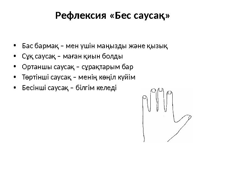 Рефлексия «Бес саусақ» • Бас бармақ – мен үшін маңызды және қызық • Сұқ саусақ – маған қиын болды • Ортаншы саусақ – сұрақтарым