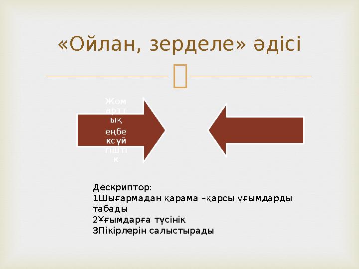  Жом артт ық еңбе ксүй гішті к«Ойлан, зерделе» әдісі Дескриптор: 1Шығармадан қарама –қарсы ұғымдарды табады 2Ұғымдарға түсінік