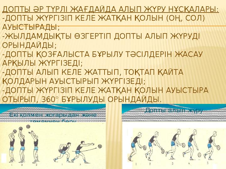 ДОПТЫ ӘР ТҮРЛІ ЖАҒДАЙДА АЛЫП ЖҮРУ НҰСҚАЛАРЫ: -ДОПТЫ ЖҮРГІЗІП КЕЛЕ ЖАТҚАН ҚОЛЫН (ОҢ, СОЛ) АУЫСТЫРАДЫ; -ЖЫЛДАМДЫҚТЫ ӨЗГЕРТІП ДОПТ