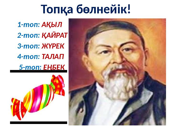 Топқа бөлней i к! 1-топ: АҚЫЛ 2-топ: ҚАЙРАТ 3-топ: ЖҮРЕК 4-топ: ТАЛАП 5-топ: ЕҢБЕК