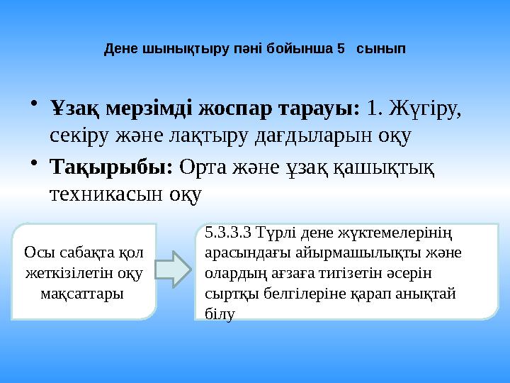 Дене шынықтыру пәні бойынша 5 сынып • Ұзақ мерзімді жоспар тарауы: 1. Жүгіру, секіру және лақтыру дағдыларын оқу • Тақырыбы: