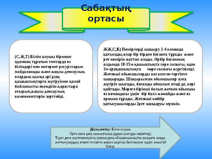 Сабақтың ортасы (C, Ж,Т) Б i л i м a лушы б ip н e ш e a д a мн a ң тұ pa тын т o пт ap д a өз б i л i мд epi м e н инт