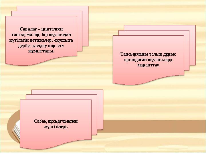 Саралау – іріктелген тапсырмалар, бір оқушыдан күтілетін нәтижелер, оқушыға дербес қолдау көрсету жұмыстары. Тапсырманы толы
