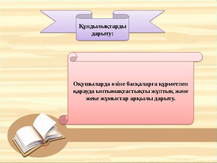 Құндылықтарды дарыту: Оқушыларда өзіне басқаларға құрметпен қарауда ынтымақтастықты жұптық және жеке жұмыстар арқылы дарыту.