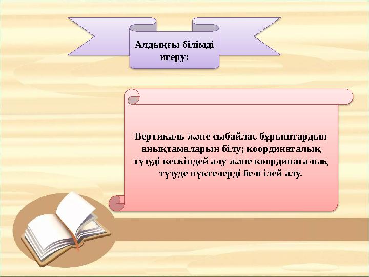 Алдыңғы білімді игеру: Вертикаль және сыбайлас бұрыштардың анықтамаларын білу; координаталық түзуді кескіндей алу және коорди