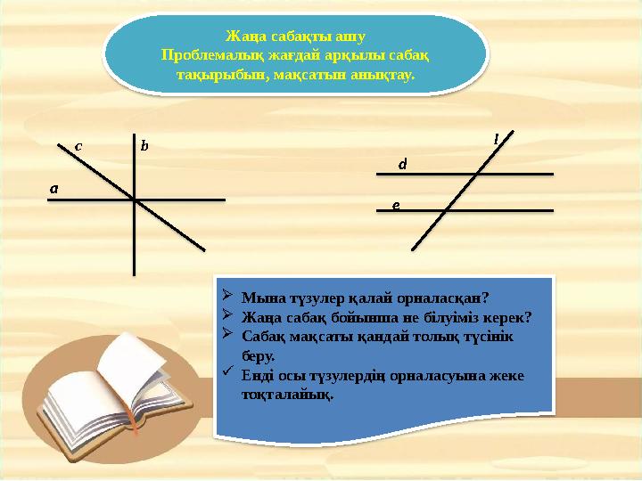 Жаңа сабақты ашу Проблемалық жағдай арқылы сабақ тақырыбын, мақсатын анықтау. a bc e d l  Мына түзулер қалай орналасқан? 