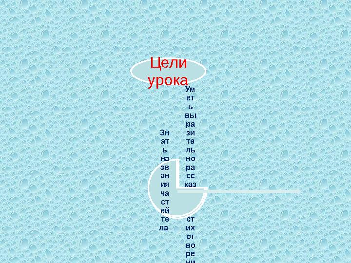 Цели урока Ум ет ь вы ра зи те ль но ра сс каз ыв ат ь ст их от во ре ни еКритери и:Зн ат ь на зв ан ия ча ст ей те ла .