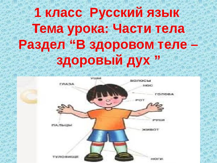 1 класс Русский язык Тема урока: Части тела Раздел “В здоровом теле – здоровый дух ”