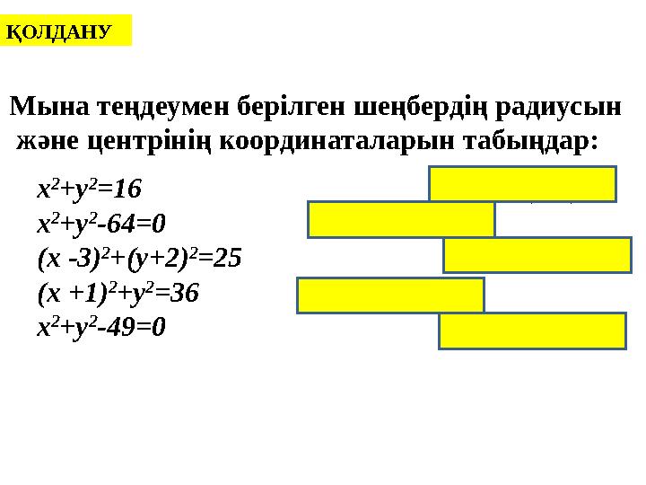 ҚОЛДАНУ Мына теңдеумен берілген шеңбердің радиусын және центрінің координаталарын табыңдар: х 2 +у 2 =16