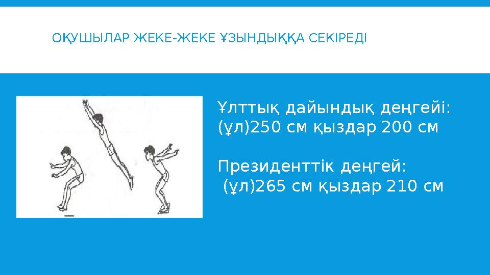 ОҚУШЫЛАР ЖЕКЕ-ЖЕКЕ ҰЗЫНДЫҚҚА СЕКІРЕДІ Ұлттық дайындық деңгейі: (ұл)250 см қыздар 200 см Президенттік деңгей: (ұл)265 см қызда