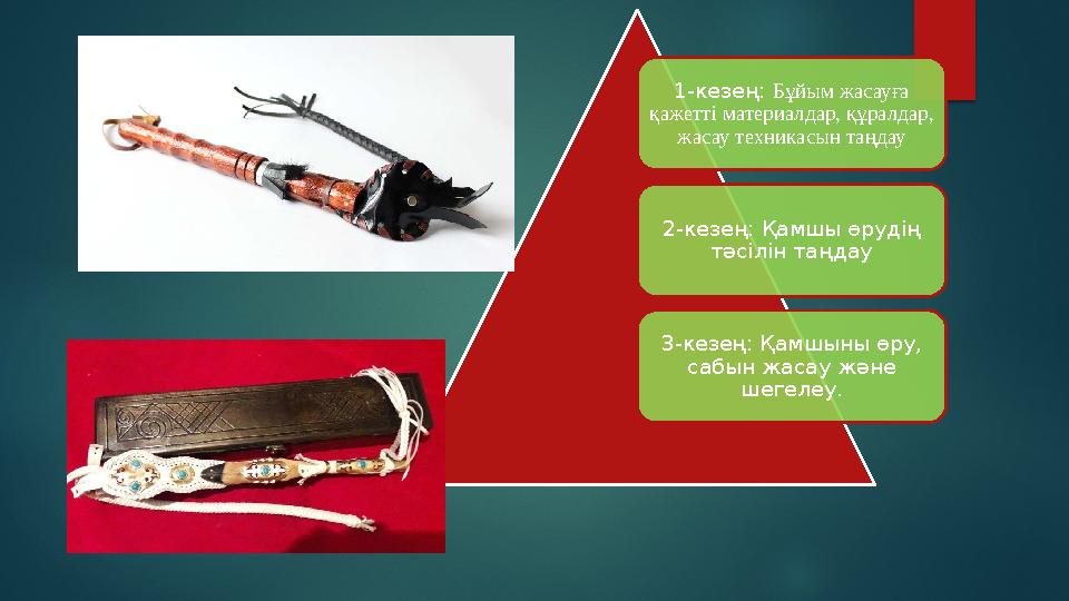 1-кезең: Б ұйым жасауға қажетті материалдар, құралдар, жасау техникасын таңдау 2-кезең: Қамшы өрудің тәсілін таңдау 3-кезең: