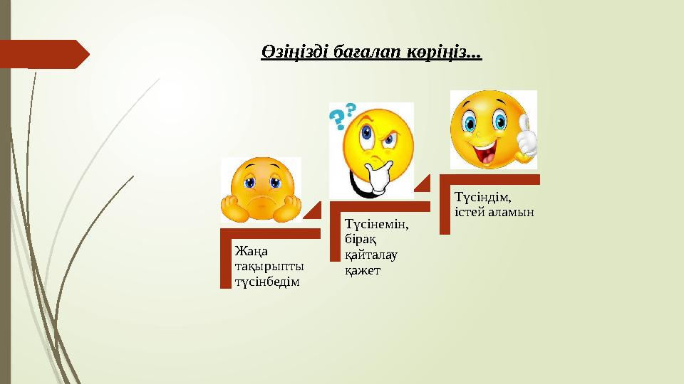 Өзіңізді бағалап көріңіз... Жаңа тақырыпты түсінбедім Түсінемін, бірақ қайталау қажет Түсіндім, істей аламын