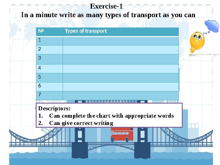 Exercise-1 In a minute write as many types of transport as you can № Types of transport 1 2 3 4 5 6 7 Descriptors: 1. Can com