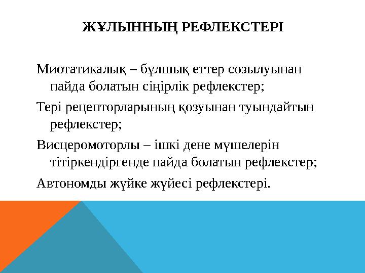 ЖҰЛЫННЫҢ РЕФЛЕКСТЕРІ Миотатикалық – бұлшық еттер созылуынан пайда болатын сіңірлік рефлекстер; Тері рецепторларының қозуынан