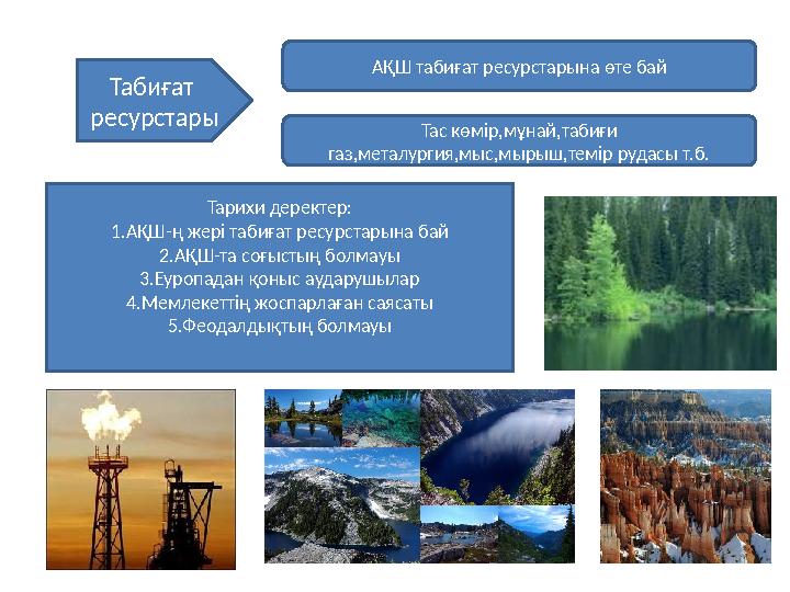 Табиғат ресурстары АҚШ табиғат ресурстарына өте бай Тас көмір,мұнай,табиғи газ,металургия,мыс,мырыш,темір рудасы т.б. Тарихи д