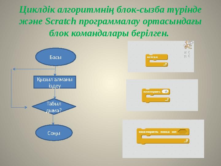 Циклдік алгоритмнің блок-сызба түрінде және Scratch программалау ортасындағы блок командалары берілген. Басы Қызыл алманы
