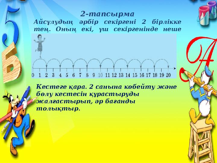 2-тапсырма Айсұлудың әрбір секіргені 2 бірлікке тең. Оның екі, үш секіргенінде неше бірлік бар? Кестеге қара. 2 санын