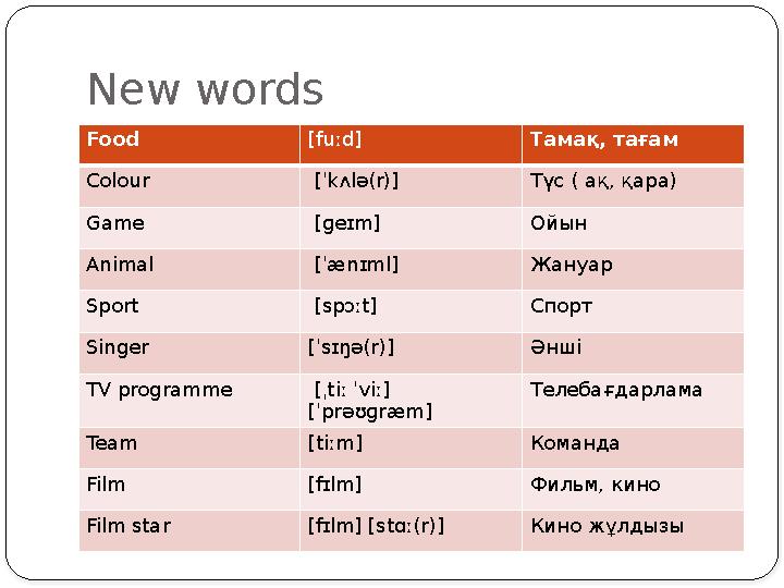 New words Food [fuːd] Тамақ, тағам Colour [ˈkʌlə(r)] Түс ( а қ, қара ) Game [ɡeɪm] Ойын Animal [ˈænɪml] Жануар Sport [