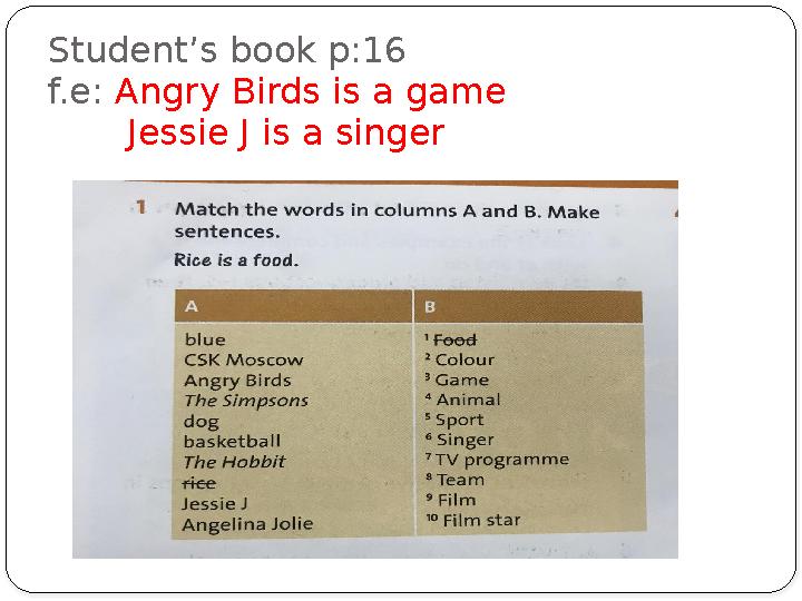 Student’s book p:16 f.e: Angry Birds is a game Jessie J is a singer